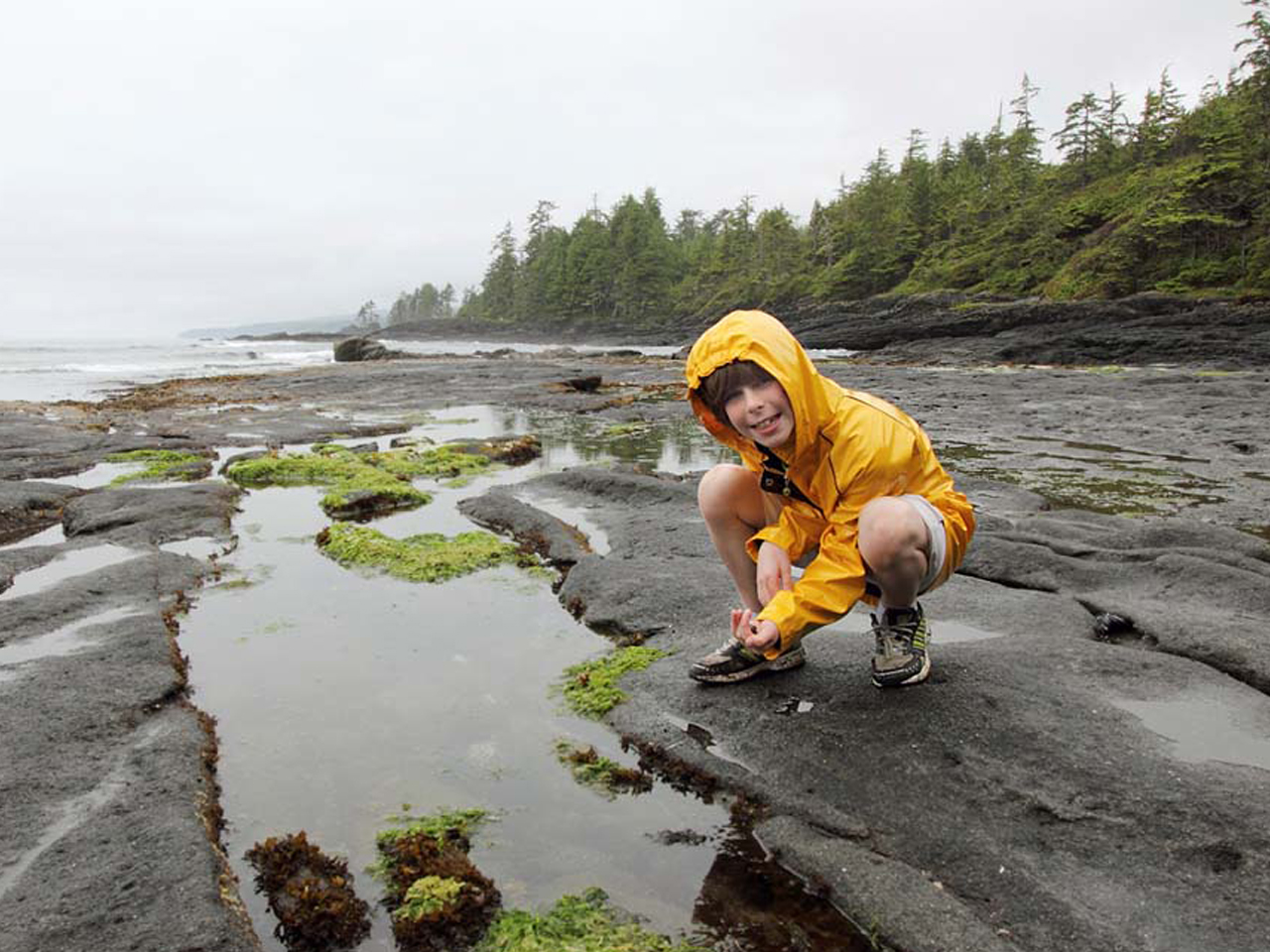 A child in a yellow raincoat squatting by a pool of water holding rocks in a cupped hand and smiling